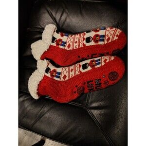 Muk Luks Women's Red Fair Isle Holiday Sock Slipper Sherpa Lined Non-Slip